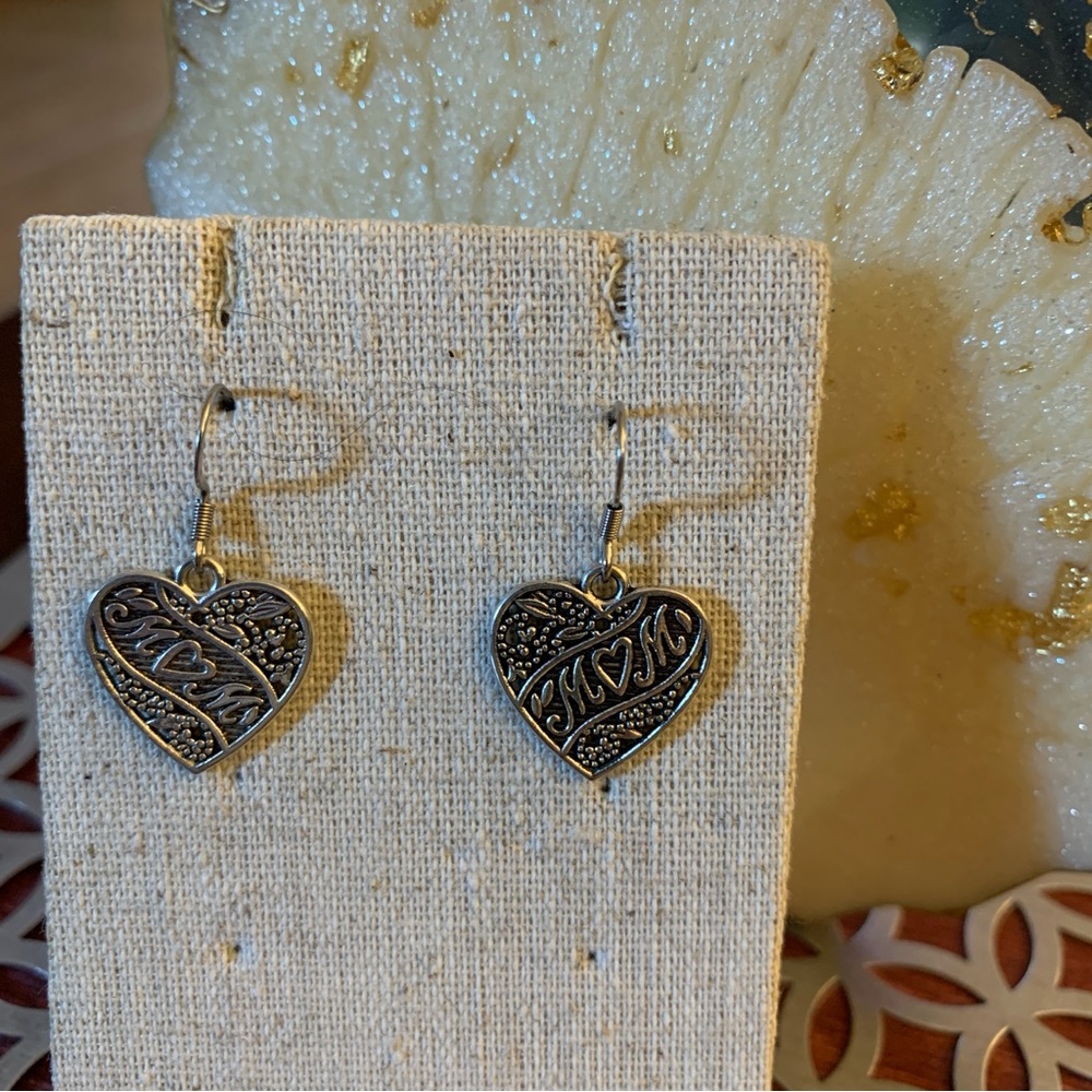 Heart-Shaped Mom Silver Tone Earrings
